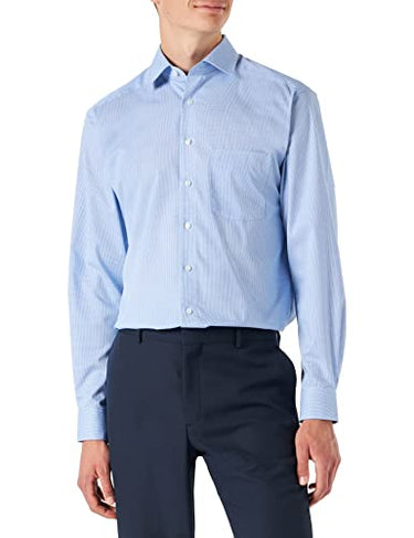 Marvelis Men's Business Shirt Non-Iron Comfort Fit, Long Sleeve, Kent Collar, Mini Vichy, 100% Cotton, Blue 11, 47 on Sale